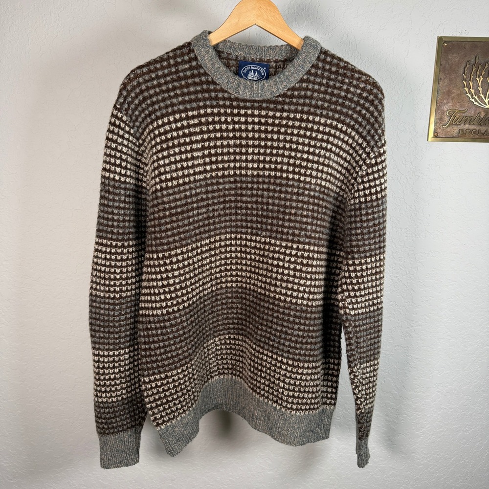 Boathouse Row Mens Vintage Wool Blend Striped Crewneck Sweater Brown Grey Large